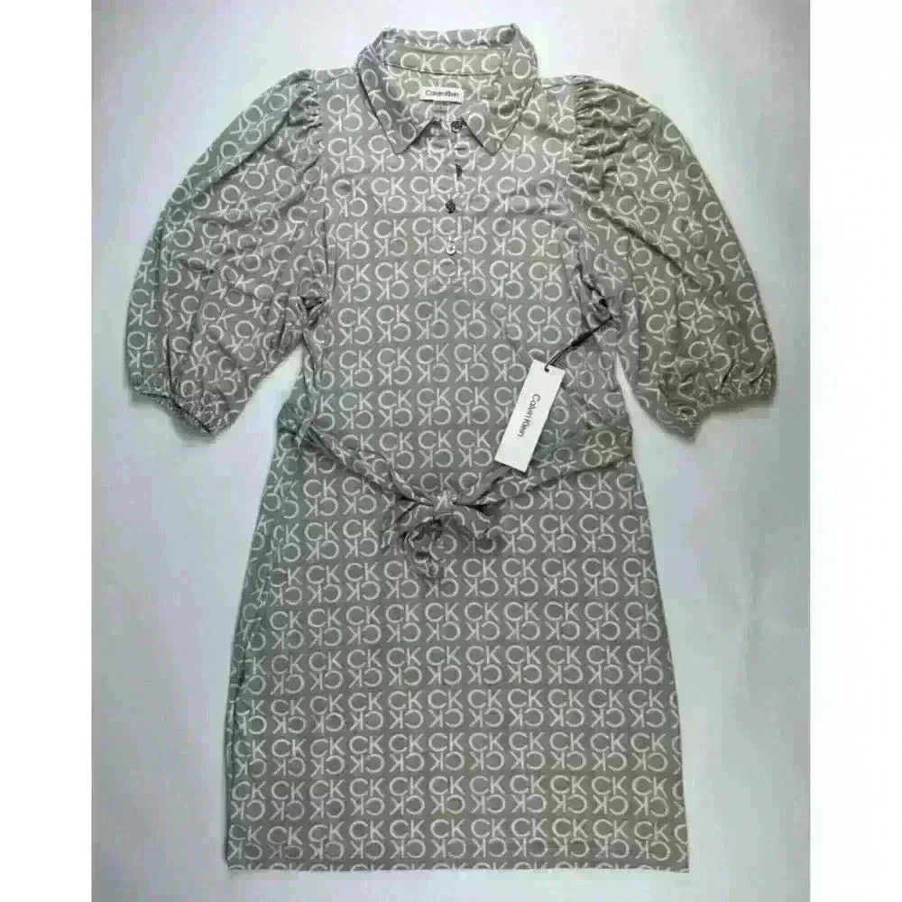NEW! Calvin Klein Women's Size 10 Logo-Print Tie Waist Shirt Dress NWT $119